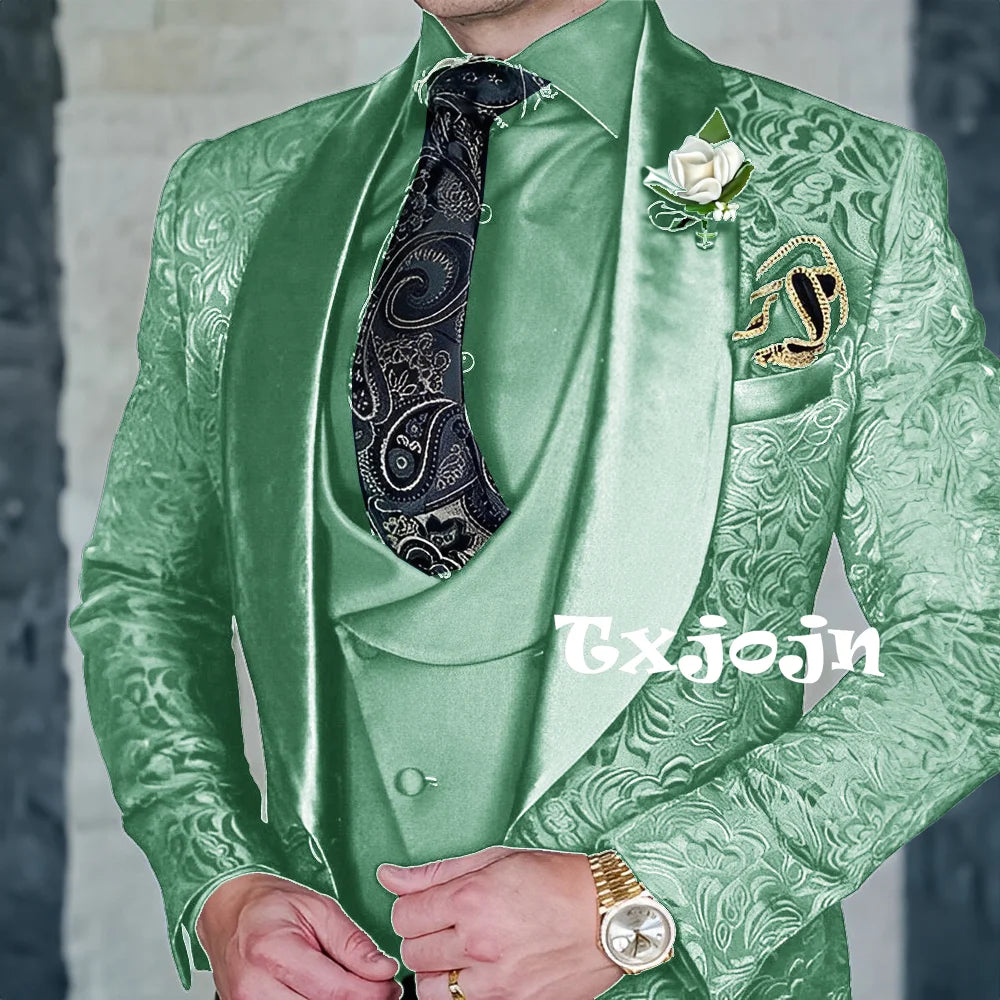 Exquisitos trajes de jacquard de 3 piezas para hombre, conjuntos de novio de boda, bonito conjunto de traje con solapa y chal, ropa de baile, esmoquin Formal para negocios