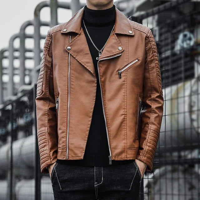 Chaqueta ajustada de marca para Hombre, abrigo de cuero negro a prueba de viento, Color sólido, moda de motocicleta, Invierno