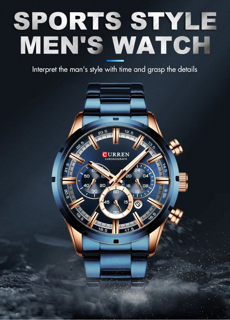 Reloj de pulsera CURREN de Cuero militar de lujo de la mejor marca, relojes deportivos informales para hombres, reloj de pulsera azul para hombre, reloj de pulsera cronógrafo de moda