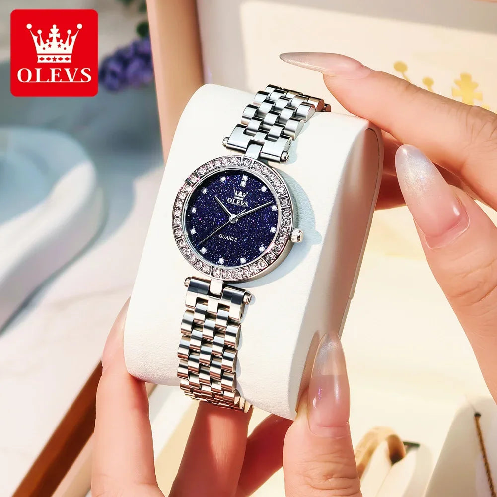 OLEVS 3641 Elegante reloj de cuarzo resistente al agua para mujer Esfera estrellada luminosa de acero inoxidable con caja de regalo - Accesorio de moda para mujer