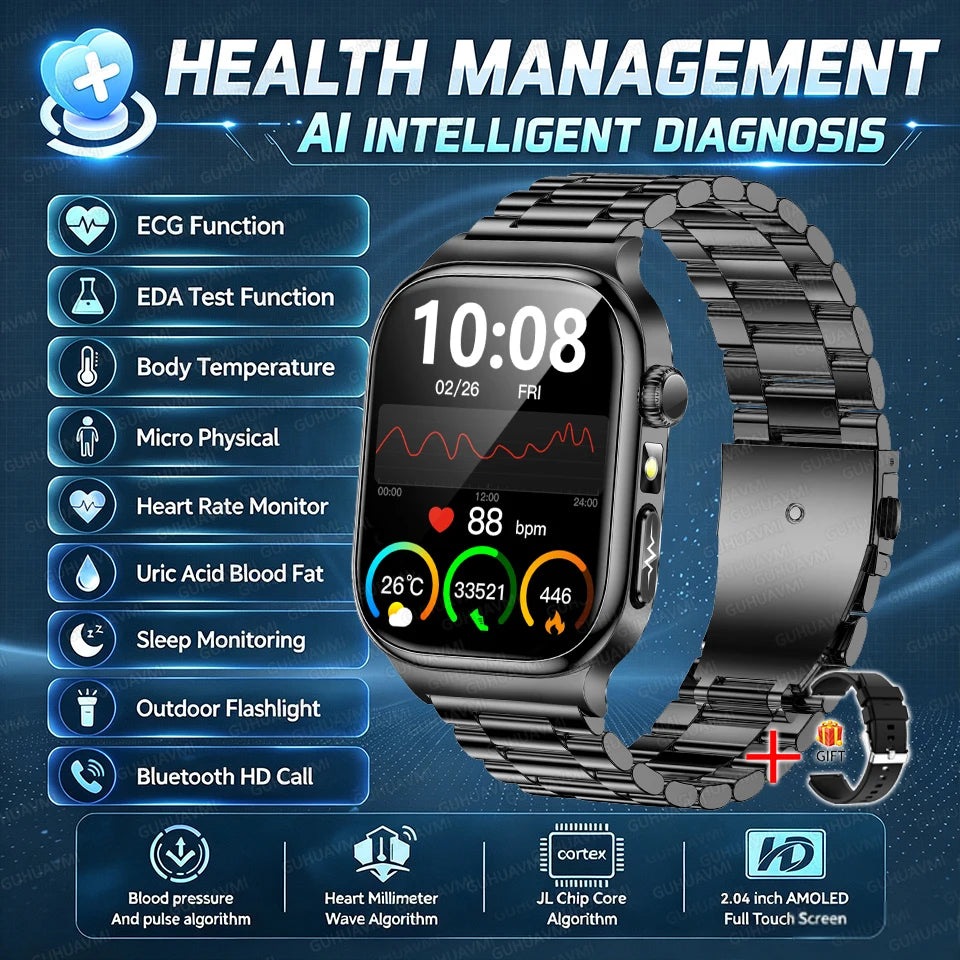Nuevo Reloj Inteligente de Salud Nivel Hospitalario 2026 con Medición de Grasa Corporal, ECG, Oxígeno en Sangre, Presión Arterial, Pantalla AMOLED HD, Llamadas y Funciones Deportivas para Hombre