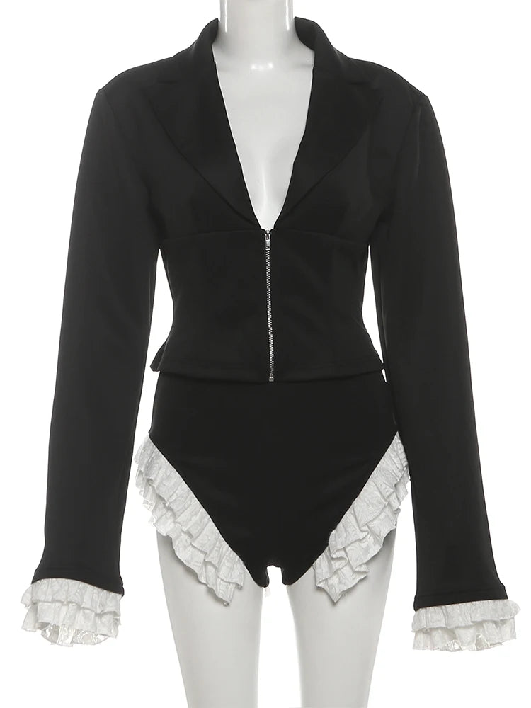 SiSterlinda-Conjunto de 2 piezas de retazos para mujer, Tops cortos con cremallera y cuello en V y manga acampanada + Mini pantalones cortos de encaje, trajes Hipster elegantes de estilo de oficina