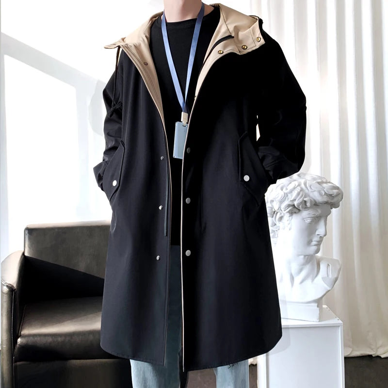 Gabardina para hombre, gabardina con capucha a la moda, otoño, longitud media, cortavientos holgado de un solo pecho, abrigo informal falso de dos piezas