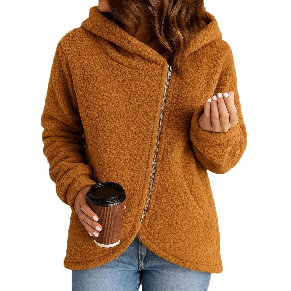 2025 Sudadera gruesa con forro polar para mujer, cárdigan con capucha y cremallera superior, chaqueta de lana de cordero de nuevo estilo a la moda para invierno