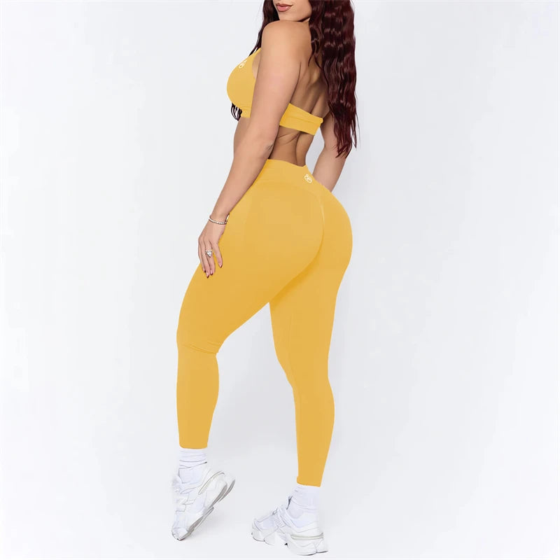 Women's Yoga Set - Ruched Butt Lifting Leggings and Impact Sports Bra, Seamless Outfits, Sexy Halter Gym Bra Set, 2025