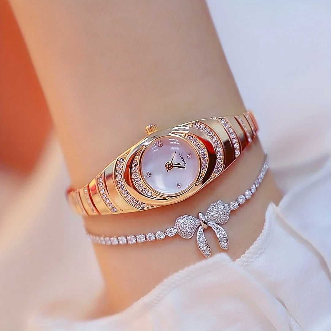 2 uds nuevo reloj de mujer simple con diamantes de imitación esfera redonda conjunto de reloj de cuarzo de aleación