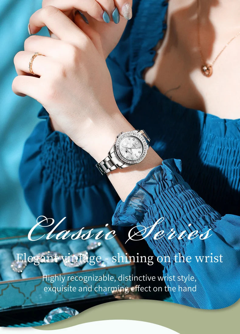 Reloj de cuarzo OLEVS Original con esfera de diamantes para mujer, relojes de moda para mujer, reloj de pulsera luminoso resistente al agua de acero inoxidable para mujer