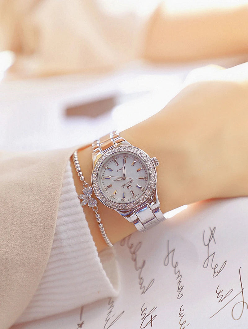 Relojes de pulsera de acero inoxidable para mujer, reloj dorado con diamantes de cristal, plateado