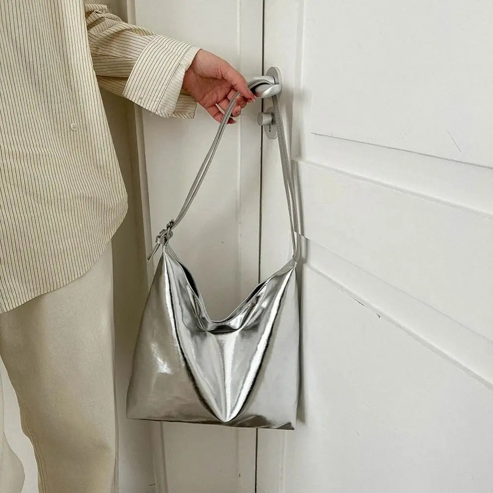 Bolso de mano con asa superior de PU para mujer, bolso de compras de diseñador de lujo, bolso de mano informal de cuero dorado plateado de alta capacidad, moda