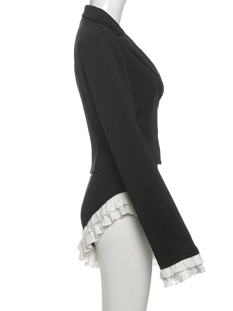 SiSterlinda-Conjunto de 2 piezas de retazos para mujer, Tops cortos con cremallera y cuello en V y manga acampanada + Mini pantalones cortos de encaje, trajes Hipster elegantes de estilo de oficina