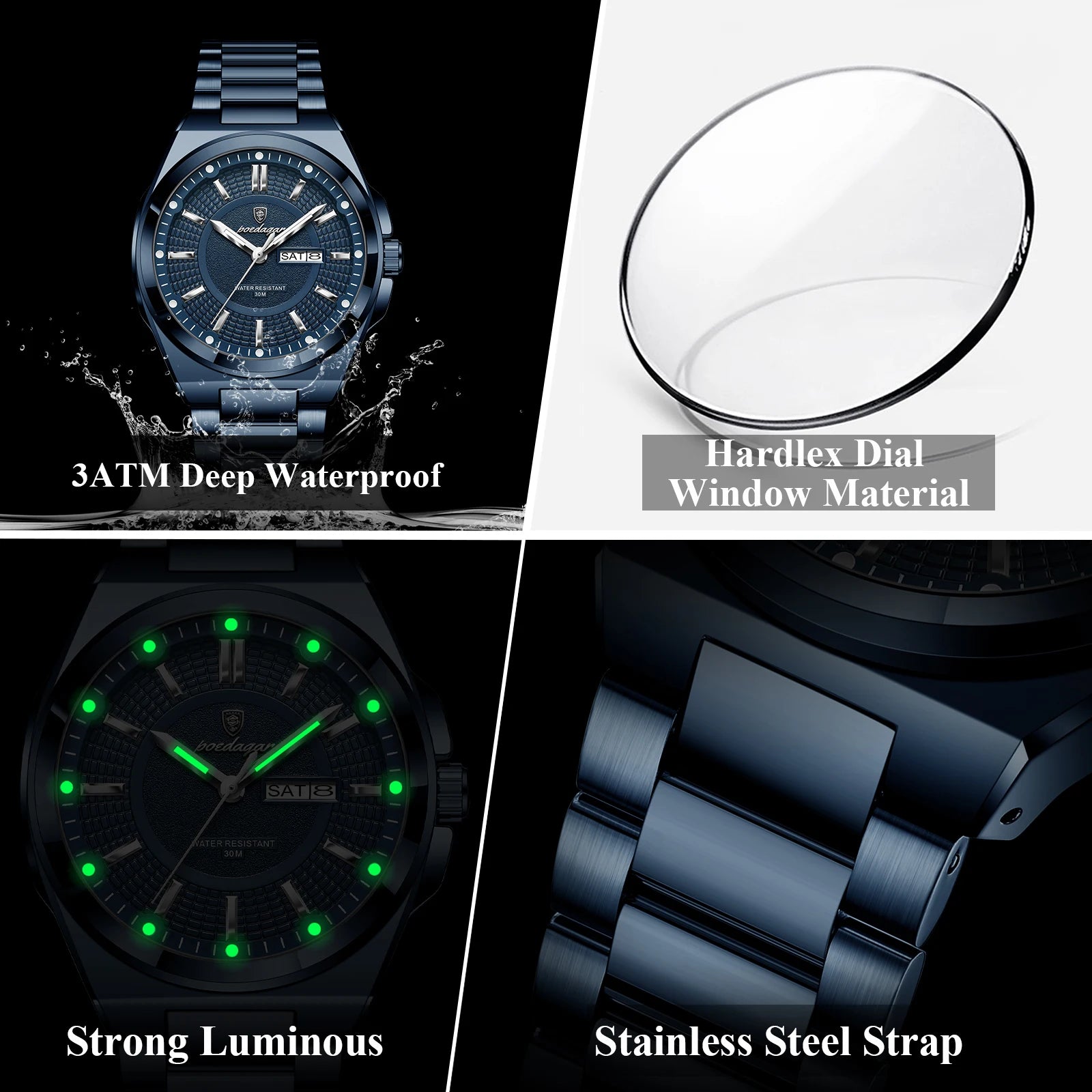 Reloj deportivo POEDAGAR Original para hombre, Reloj de pulsera de cuarzo con fecha y semana de lujo para hombre, relojes luminosos resistentes al agua de acero inoxidable para hombre