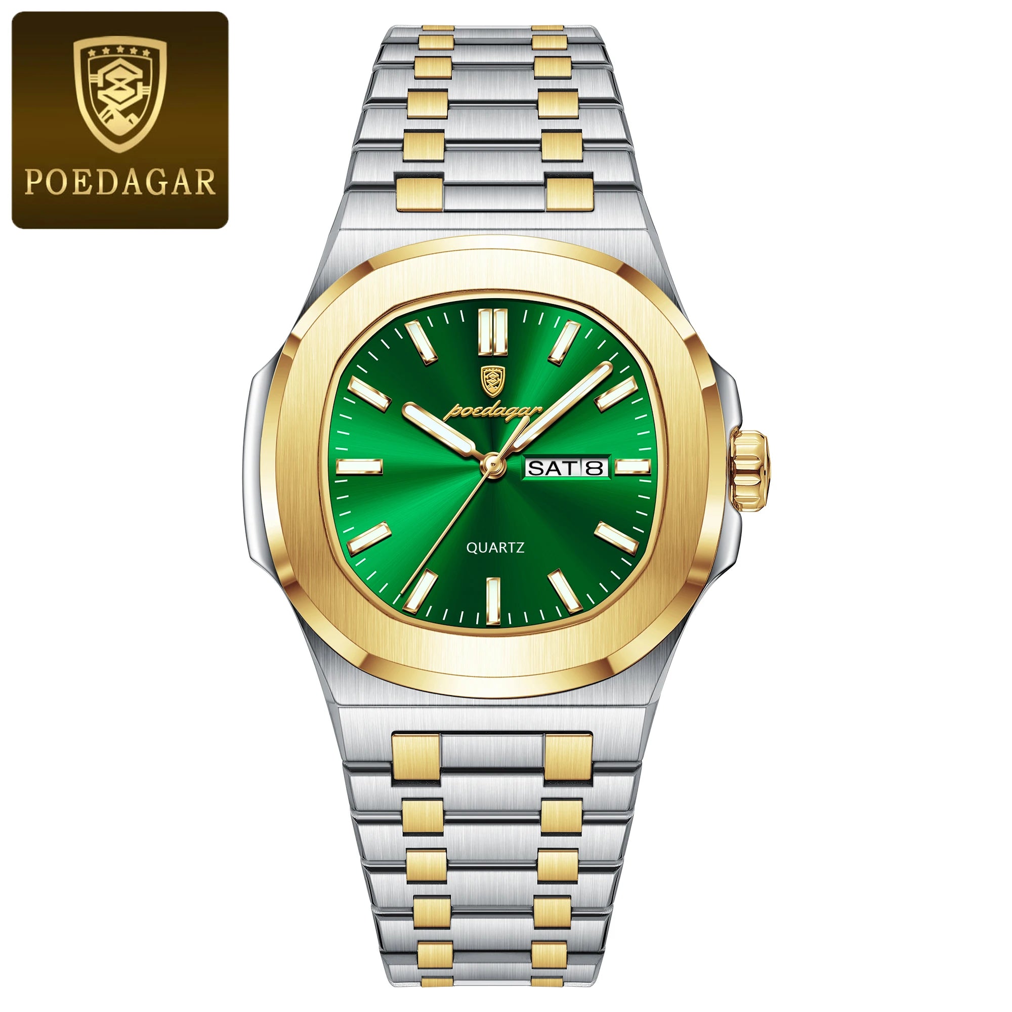 POEDAGAR, relojes cuadrados de lujo para hombre, Reloj luminoso resistente al agua con fecha y semana para hombre, Reloj de pulsera de cuarzo a la moda de acero inoxidable para hombre