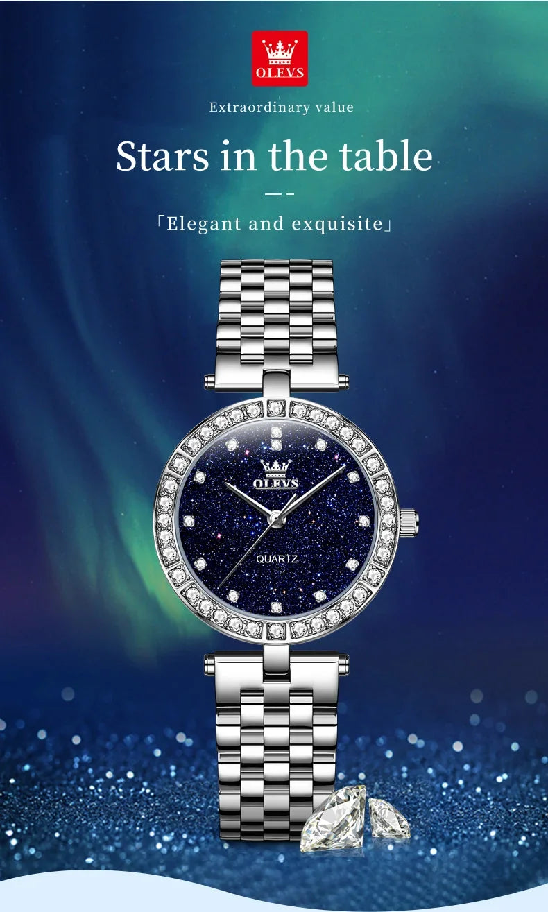 OLEVS 3641 Elegante reloj de cuarzo resistente al agua para mujer Esfera estrellada luminosa de acero inoxidable con caja de regalo - Accesorio de moda para mujer