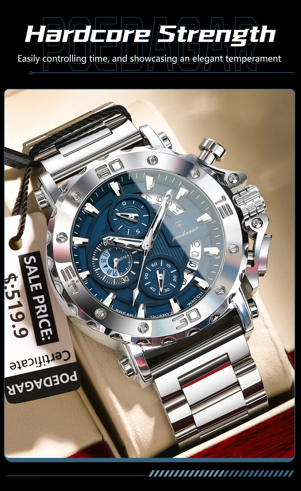 Reloj POEDAGAR de lujo para hombre, calendario luminoso, resistente al agua, Reloj para hombre, cronógrafo masculino, relojes de cuarzo de acero inoxidable para hombre