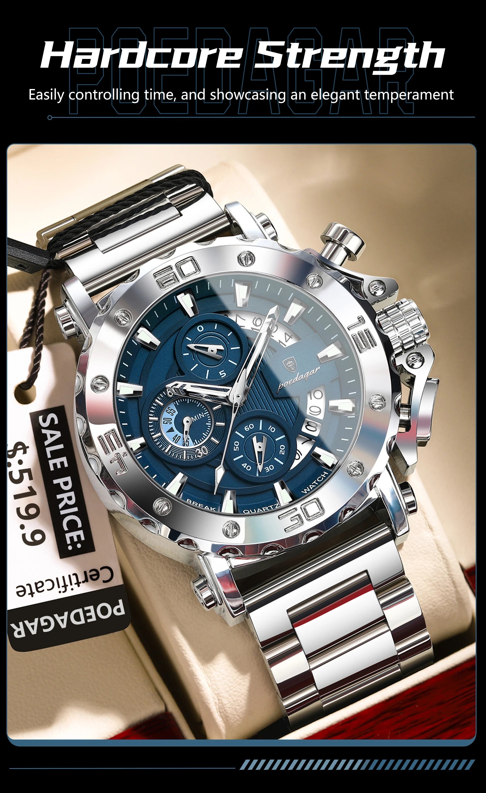 Reloj POEDAGAR de lujo para hombre, calendario luminoso, resistente al agua, Reloj para hombre, cronógrafo masculino, relojes de cuarzo de acero inoxidable para hombre