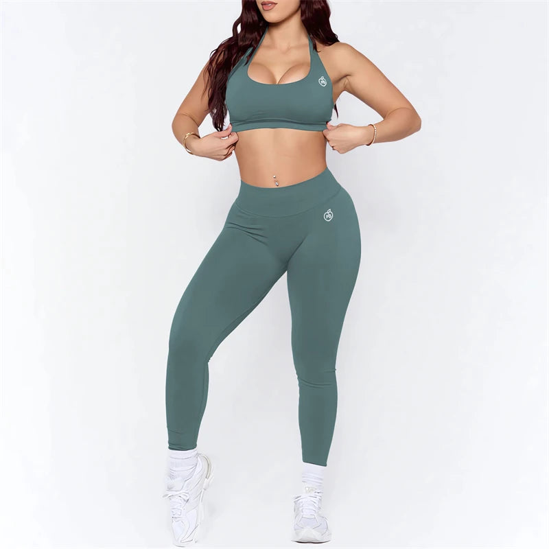 Bum-Conjuntos de Yoga para mujer, mallas moldeadoras con fruncido en la parte de atrás y Sujetador deportivo de impacto, trajes sin costuras, conjunto de sujetador Halter Sexy para gimnasio, 2025