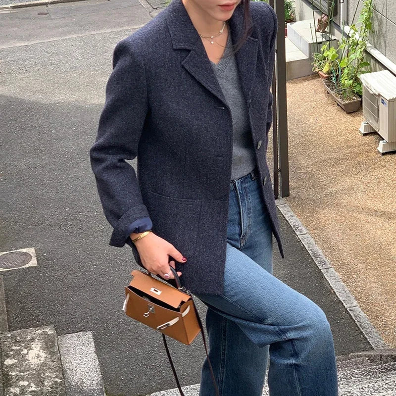 Chaqueta de traje de lana elegante coreano para mujer Otoño e Invierno Slim Fit marrón viajero abrigo de lana de gama alta Blazers ropa de mujer