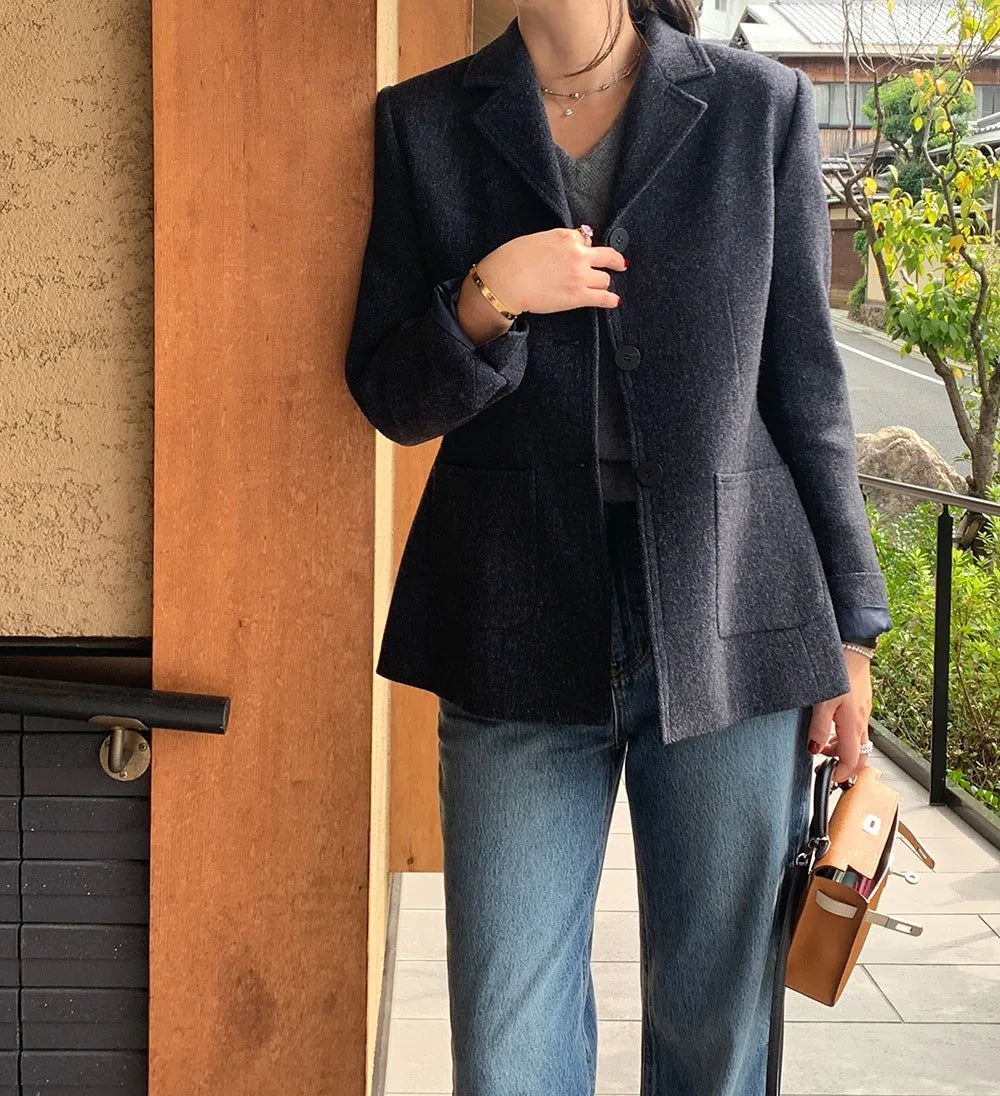 Chaqueta de traje de lana elegante coreano para mujer Otoño e Invierno Slim Fit marrón viajero abrigo de lana de gama alta Blazers ropa de mujer