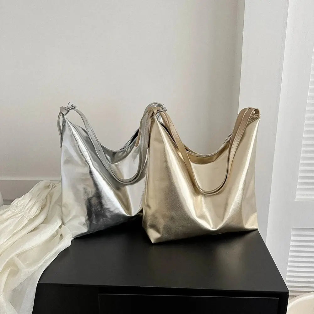 Bolso de mano con asa superior de PU para mujer, bolso de compras de diseñador de lujo, bolso de mano informal de cuero dorado plateado de alta capacidad, moda