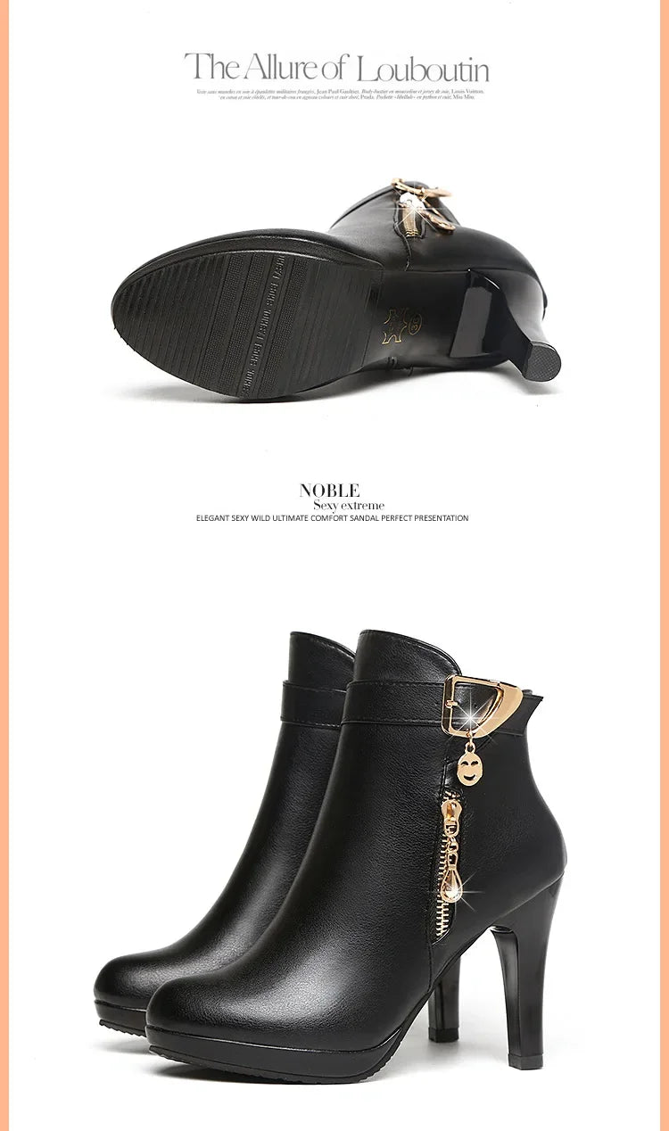 Botas cortas sexis de tacón alto con punta redonda para mujer, moda de invierno, nuevo estilo, diseño Simple, tacón fino, cierre de cremallera, Color sólido