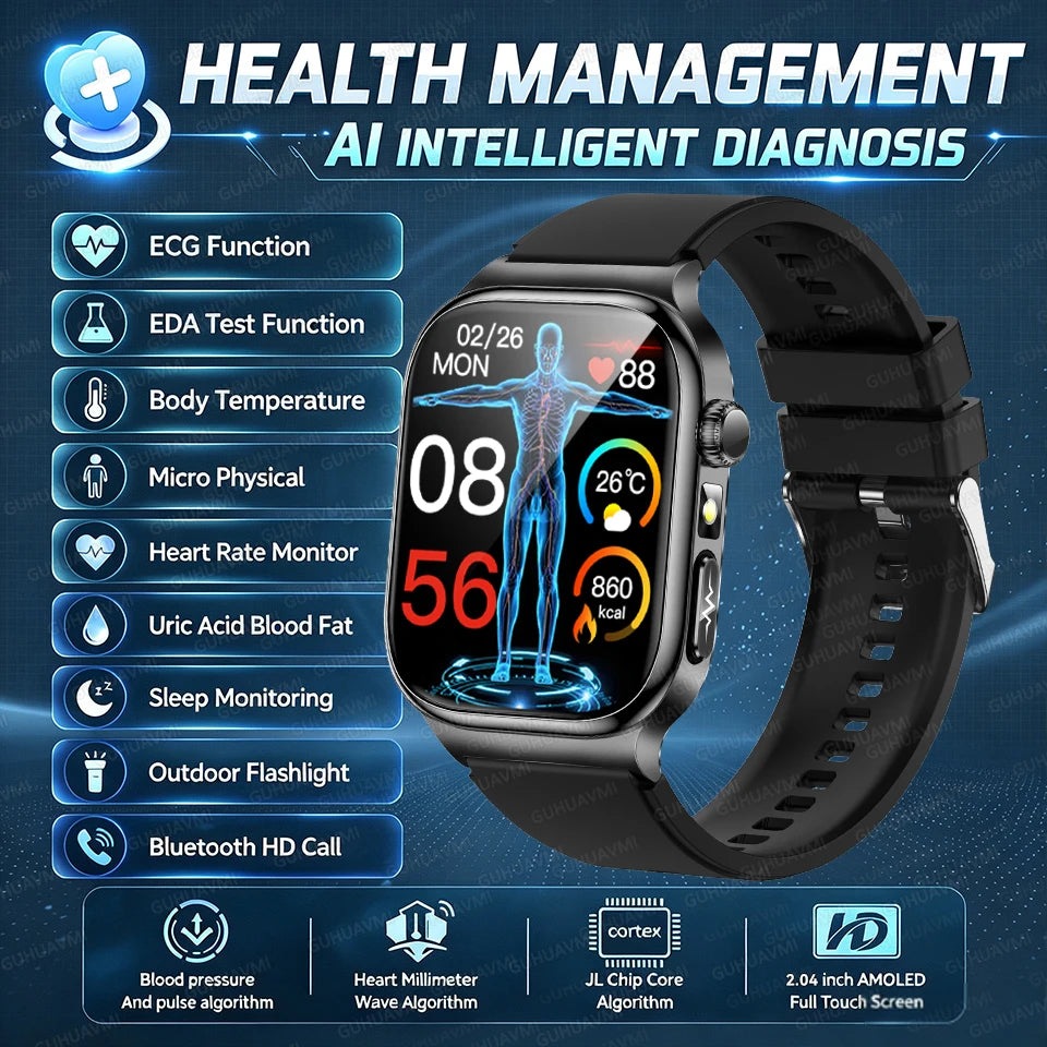 Nuevo Reloj Inteligente de Salud Nivel Hospitalario 2026 con Medición de Grasa Corporal, ECG, Oxígeno en Sangre, Presión Arterial, Pantalla AMOLED HD, Llamadas y Funciones Deportivas para Hombre