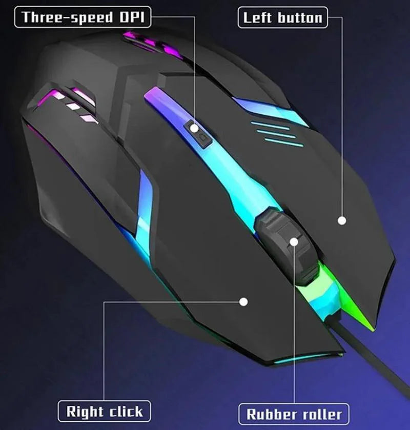 Mouse Gamer USB con Luz RGB – 1600 DPI, 4 Botones Programables, Cable 1.2m