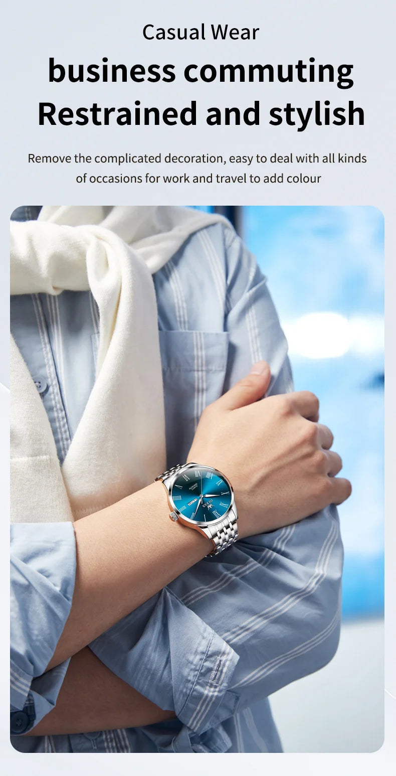 OLEVS, reloj minimalista de negocios de acero inoxidable para hombre, manecillas luminosas de lujo, calendario a escala romana, relojes de cuarzo resistentes al agua para hombre