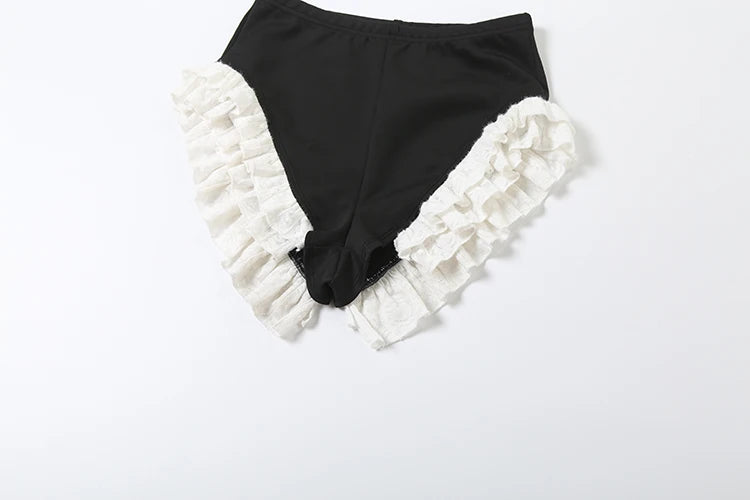 SiSterlinda-Conjunto de 2 piezas de retazos para mujer, Tops cortos con cremallera y cuello en V y manga acampanada + Mini pantalones cortos de encaje, trajes Hipster elegantes de estilo de oficina