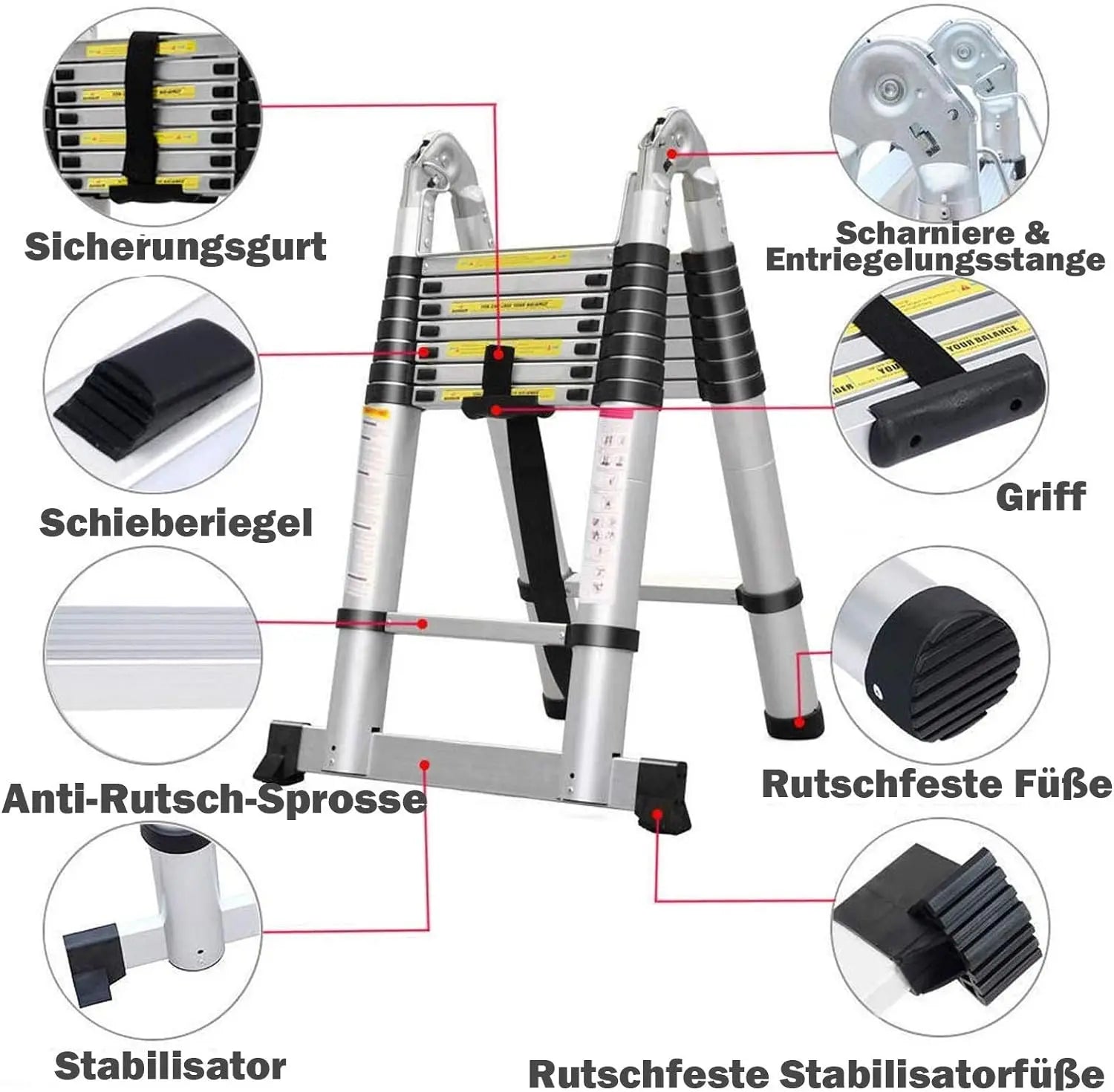 Escalera de aluminio telescópica multiusos de 16,5 pies (8,2 pies + 8,2 pies)/5M, escalera plegable extensible, escalones antideslizantes, capacidad de carga de 150 kg