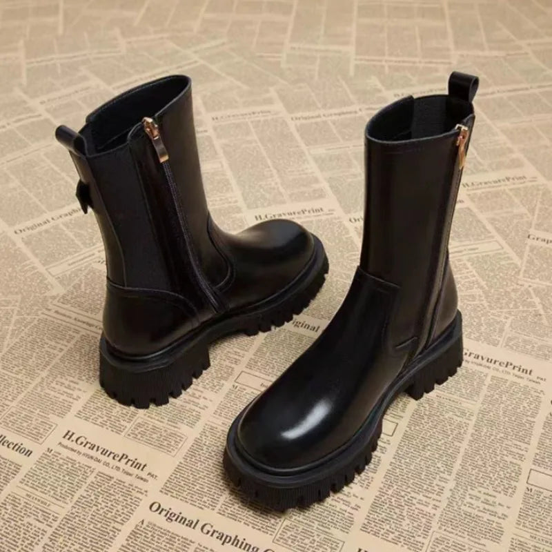 Botas medio altas para mujer, zapatos Chelsea con punta redonda a media pantorrilla para mujer, calzado marrón de tacón medio, oferta gótica de entretiempo para primavera y otoño