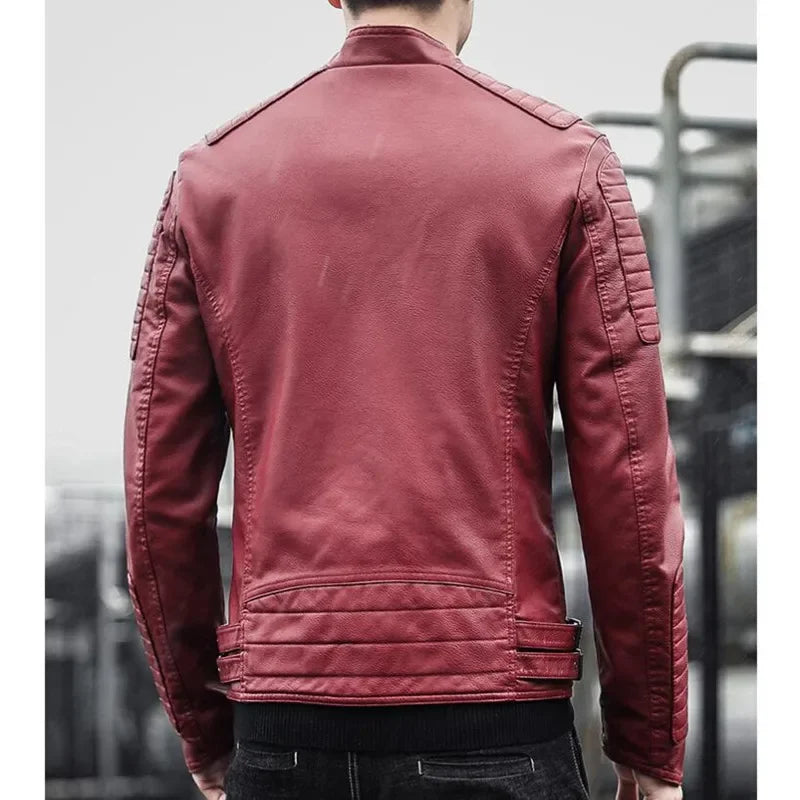 Chaqueta ajustada de marca para Hombre, abrigo de cuero negro a prueba de viento, Color sólido, moda de motocicleta, Invierno