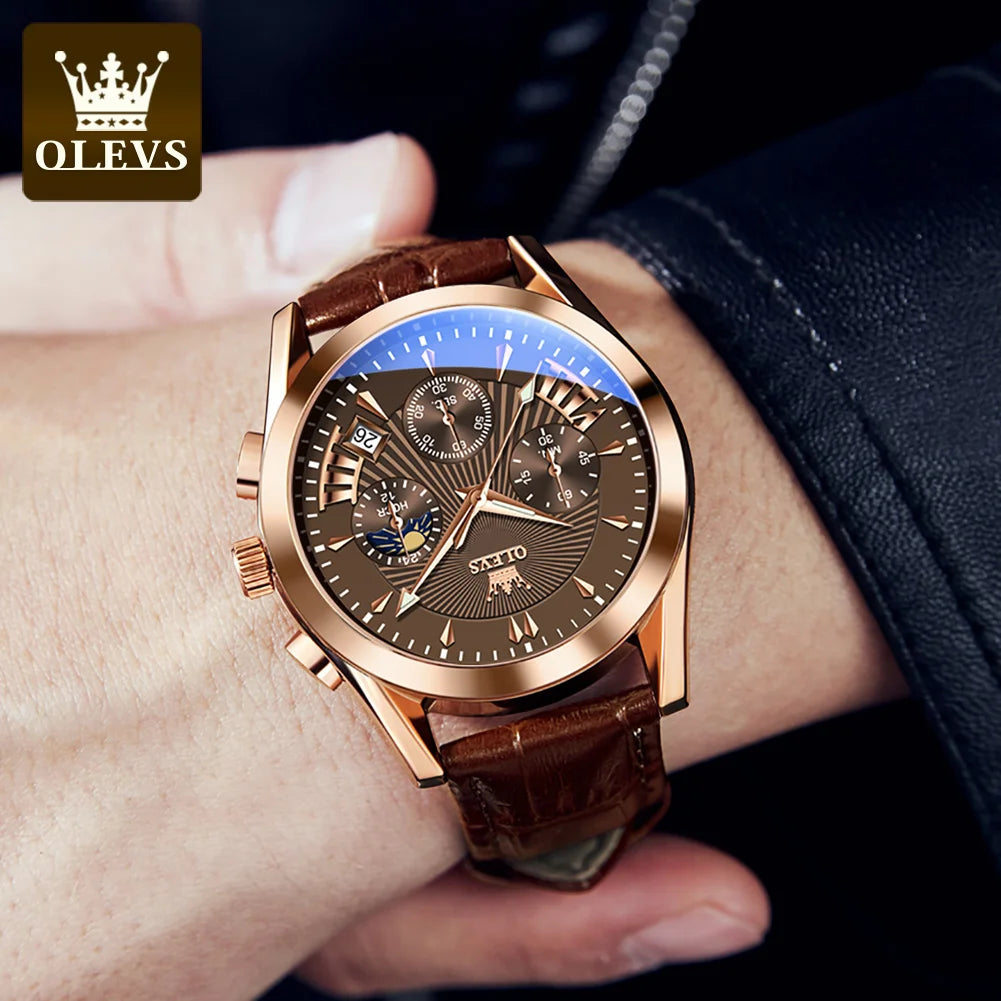 OLEVS-reloj de cuarzo resistente al agua para hombre, cronógrafo de pulsera con correa de cuero, marca de lujo Original, alta calidad, a la moda