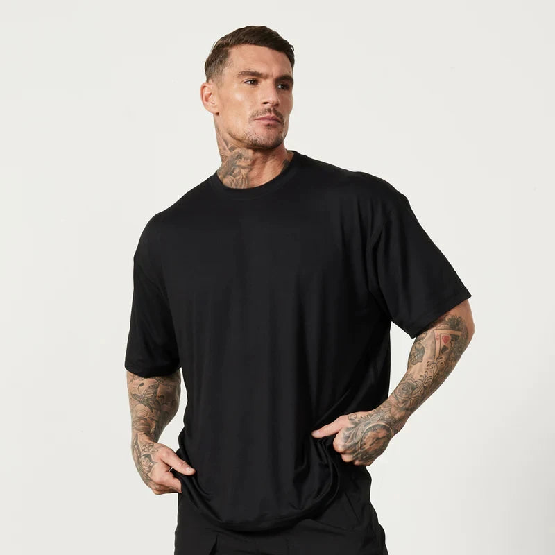Camiseta holgada de algodón para hombre, camisa de manga corta con hombros caídos para Fitness, gimnasio, culturismo, Tops deportivos de verano