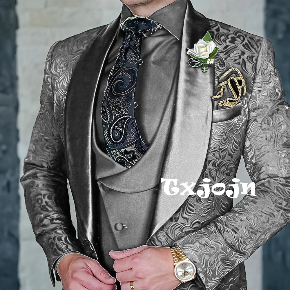 Exquisitos trajes de jacquard de 3 piezas para hombre, conjuntos de novio de boda, bonito conjunto de traje con solapa y chal, ropa de baile, esmoquin Formal para negocios