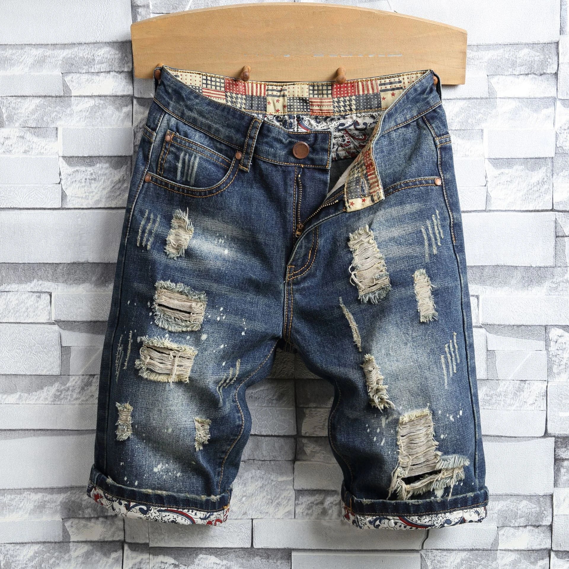 Vintage Hole Men Jeans Shorts Distressed Denim Knee Length Pockets Cuffed Patchwork Skinny Washed Ripped Punk Style Mid Waist 2024