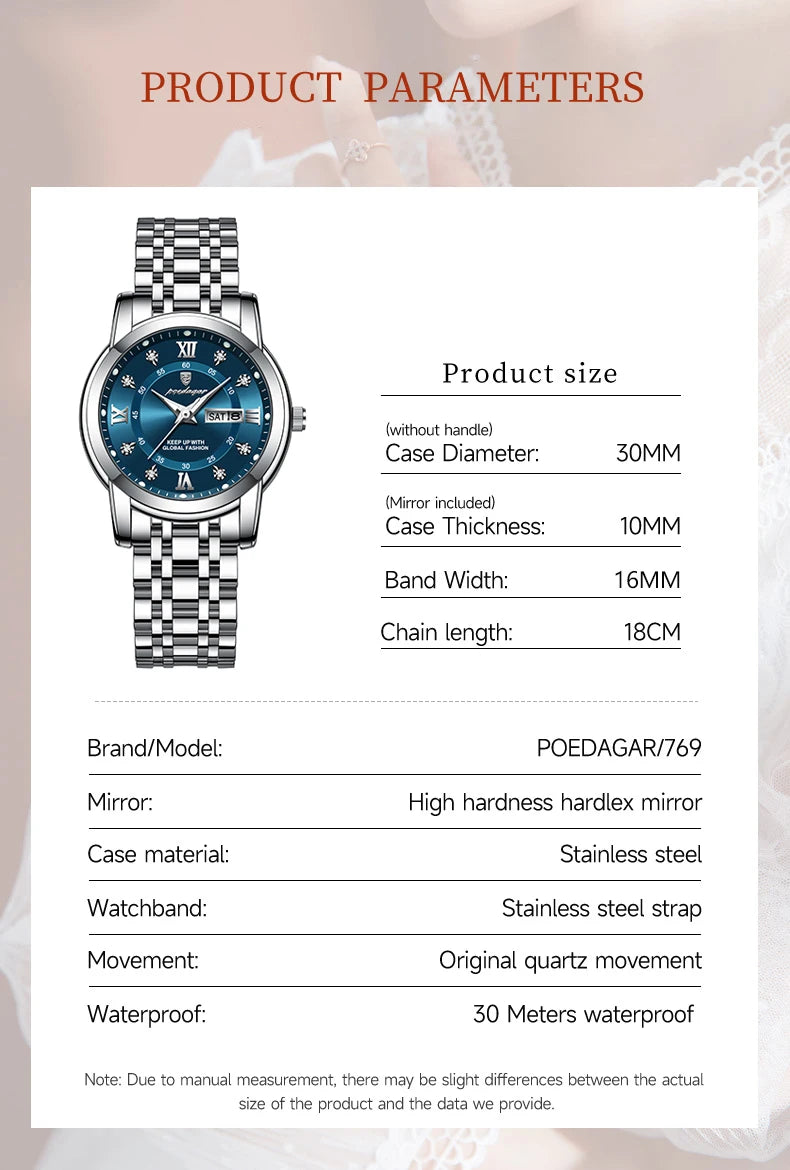 POEDAGAR, reloj de pulsera de lujo para mujer, resistente al agua, luminoso, fecha, semana, relojes para mujer, vestido elegante de acero inoxidable, reloj de cuarzo para mujer