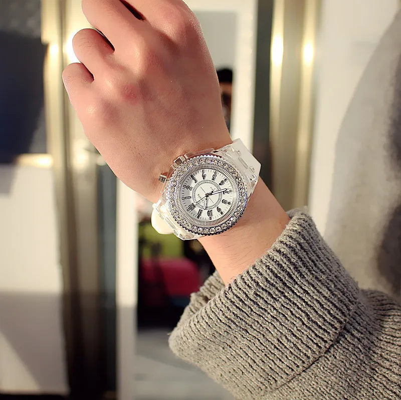 Relojes luminosos con destellos de luz LED para mujeres, hombres, niños y niñas, reloj de pulsera de silicona, reloj de diamantes de imitación a la moda, reloj para niños, reloj Saati
