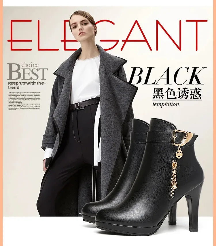 Botas cortas sexis de tacón alto con punta redonda para mujer, moda de invierno, nuevo estilo, diseño Simple, tacón fino, cierre de cremallera, Color sólido