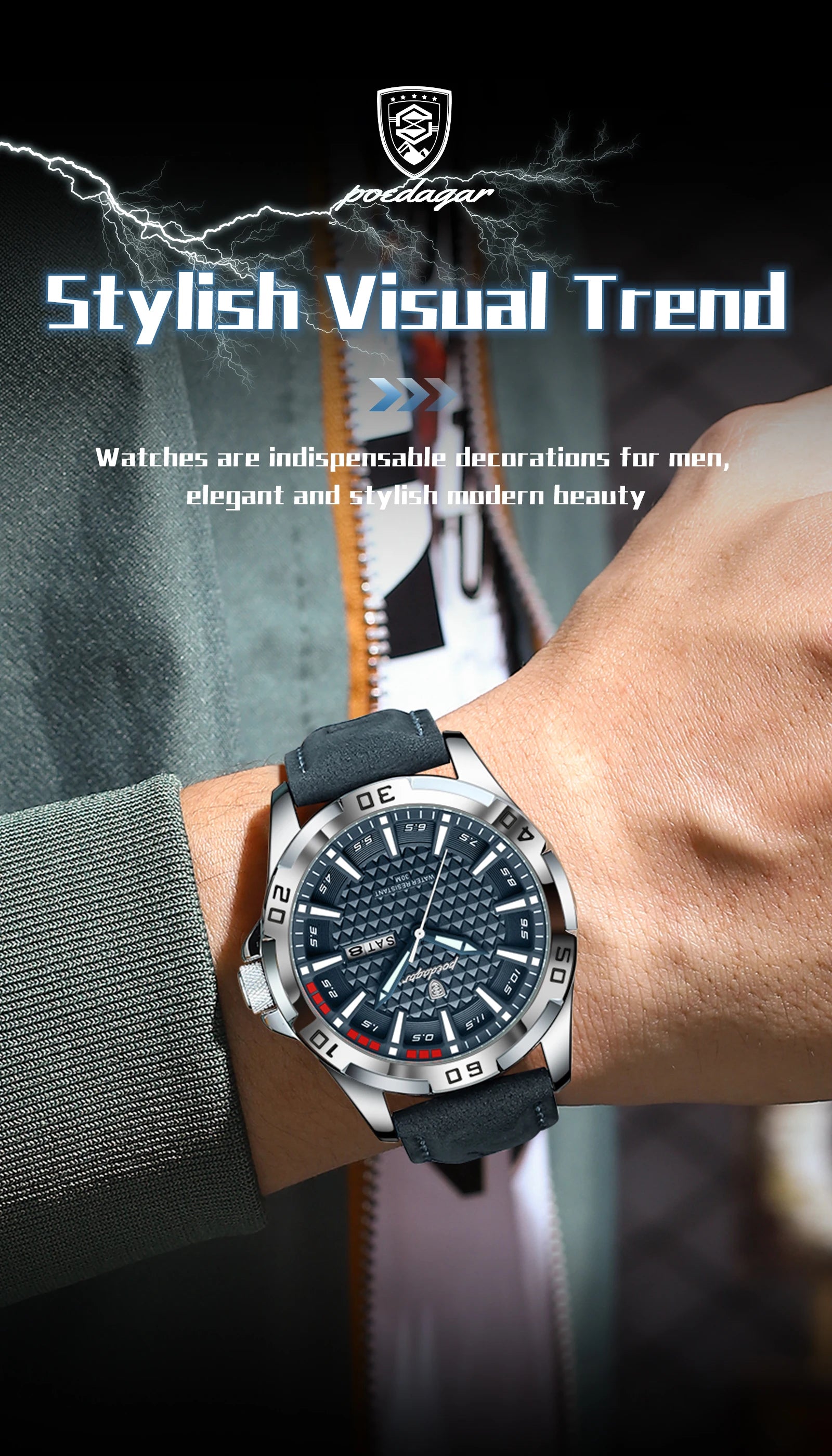 Reloj de pulsera POEDAGAR Original para hombre, Reloj de lujo resistente al agua con fecha luminosa y semana para hombre, relojes deportivos de cuero de cuarzo para hombre