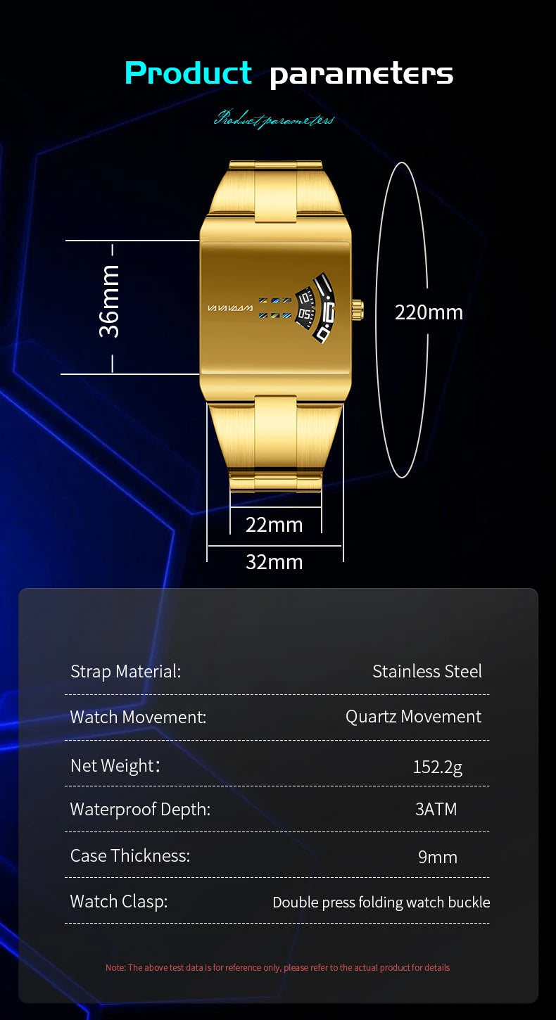 Reloj de cuarzo cuadrado clásico VA VA VOOM con esfera dorada creativa, diseño de moda para hombre, reloj de acero de superficie de gran venta para hombre.