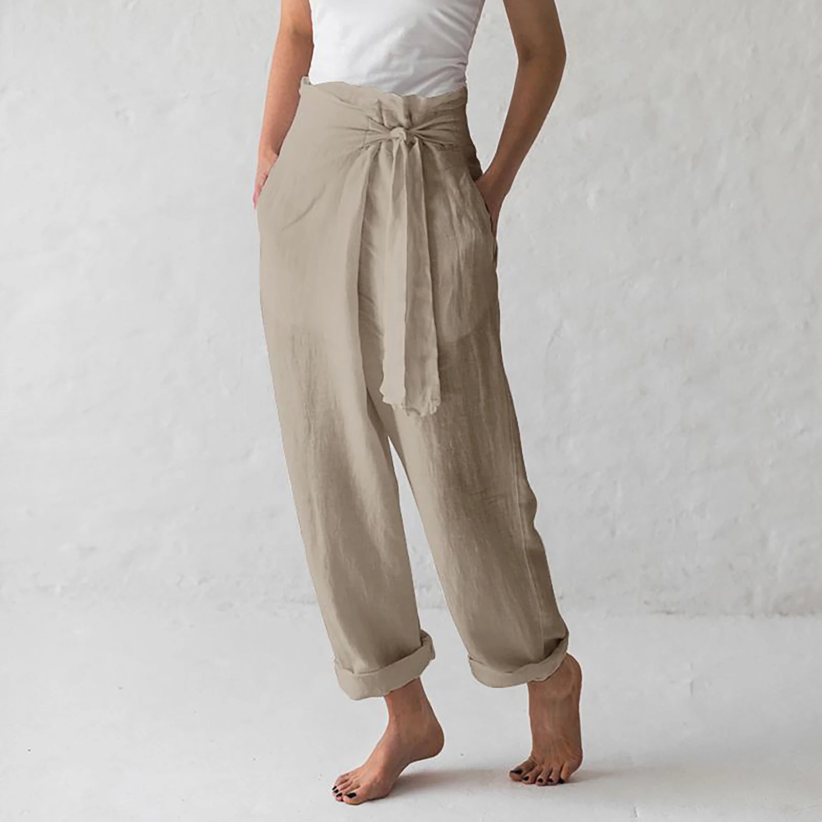 Pantalones informales con bolsillo para mujer, Color sólido, elásticos, con encuadernación, línea de algodón elegante, cintura alta, verano 2024