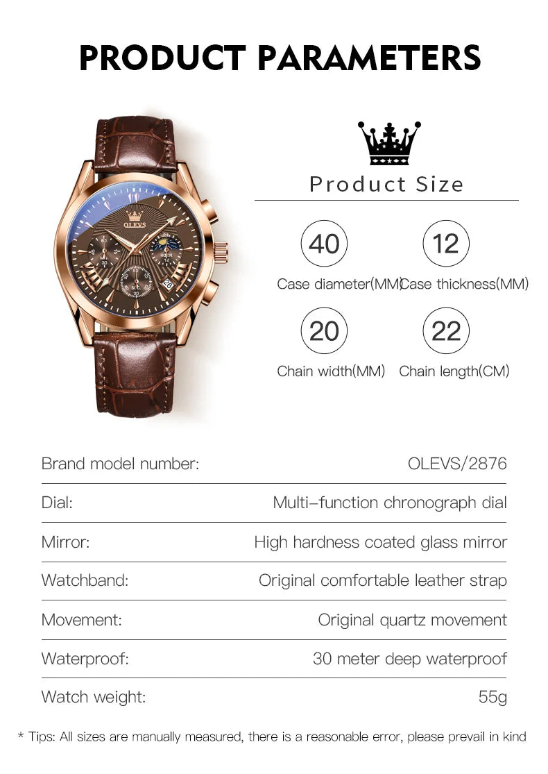OLEVS 2876 reloj para hombre con correa de cuero reloj de cuarzo resistente al agua fase lunar luminosa relojes cronógrafo multifuncionales para regalo de hombre
