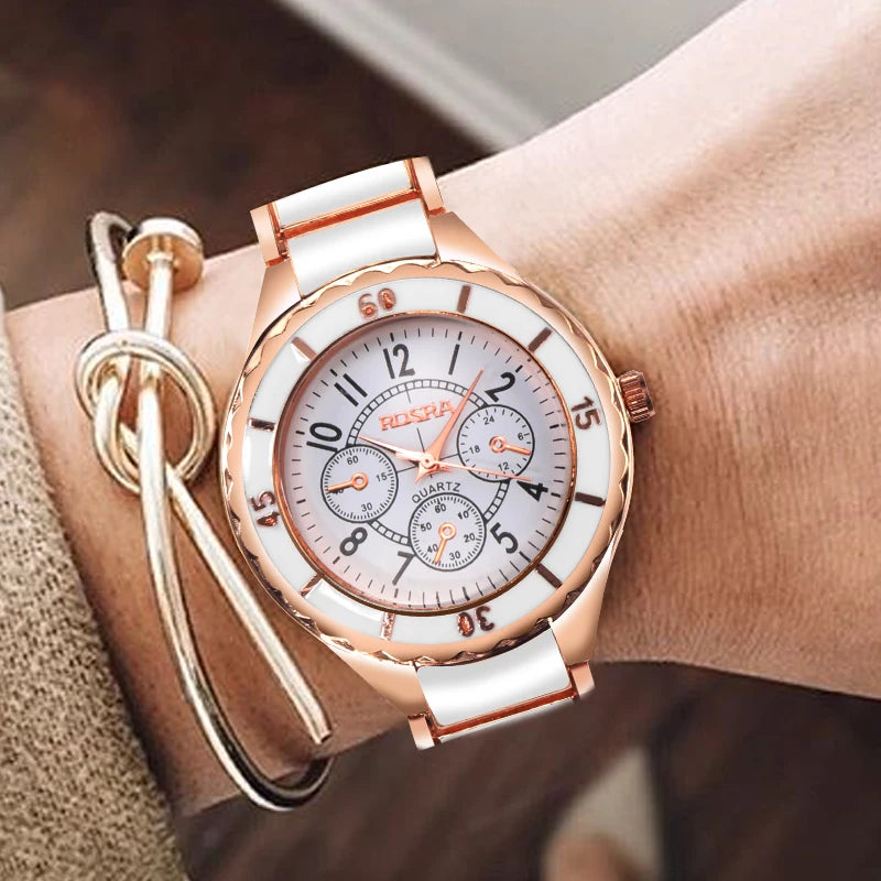 Reloj blanco de oro rosa para Mujer, Reloj clásico de acero y cerámica para Mujer, Reloj de pulsera para Mujer, Reloj femenino Saati