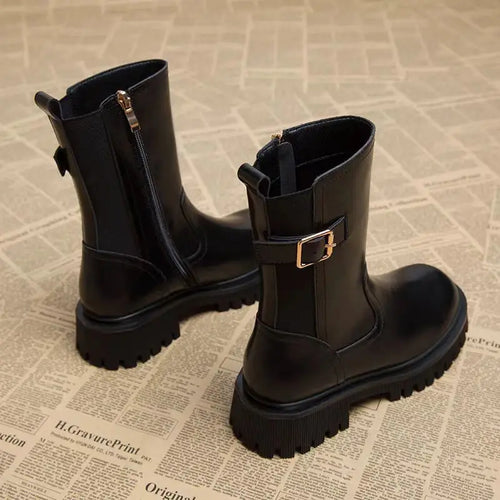 Women's Mid-Calf Boots, Chelsea Boots, Round Toe Mid-Calf Shoes for Women, Brown Mid-Heel Footwear, Goth Mid-Season Offer for Spring and Autumn