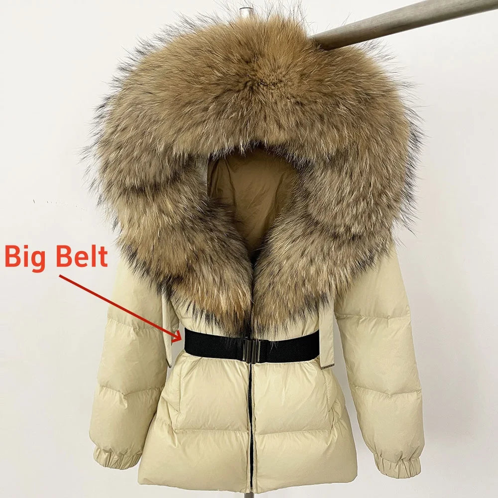 OFTBUY 2025 nueva ropa de invierno para mujer, abrigo de plumón de pato blanco, chaqueta con capucha de piel de zorro Natural, chaqueta acolchada cálida a la moda para mujer