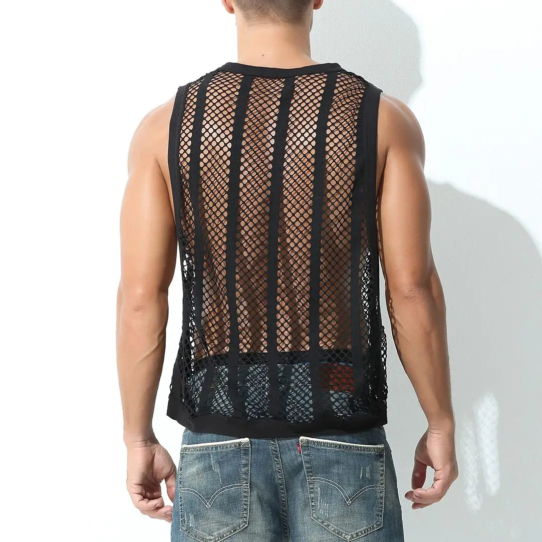 Camisetas sin mangas para hombre, camiseta interior sin mangas, chaleco hueco transparente de malla Sexy, camiseta de rejilla, camiseta musculosa
