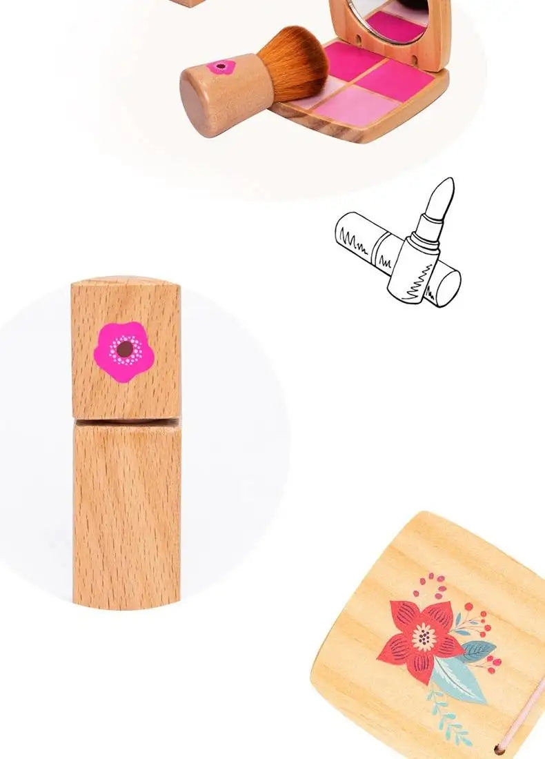 Juguete de Maquillaje de Imitación para Niñas, Set de Maquillaje de Madera para Jugar a Disfrazarse, Regalo con Bolsa de Maquillaje