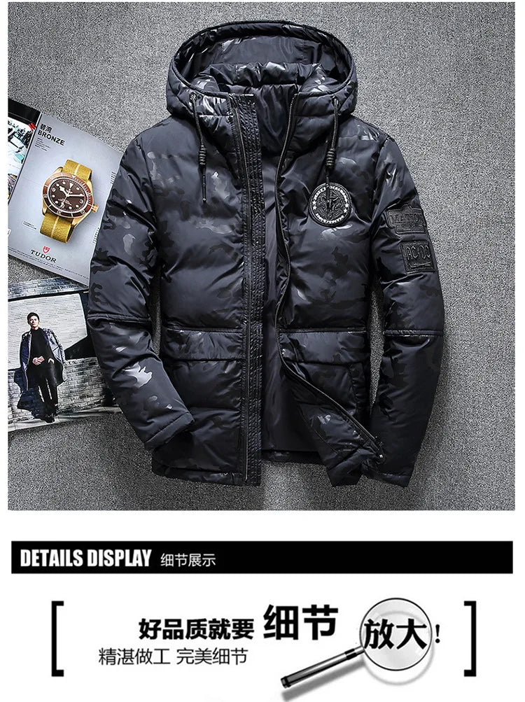 Parkas de invierno de alta calidad para hombre, cortavientos, Parkas de plumón de pato blanco, chaquetas cálidas gruesas con capucha de camuflaje para nieve, abrigo