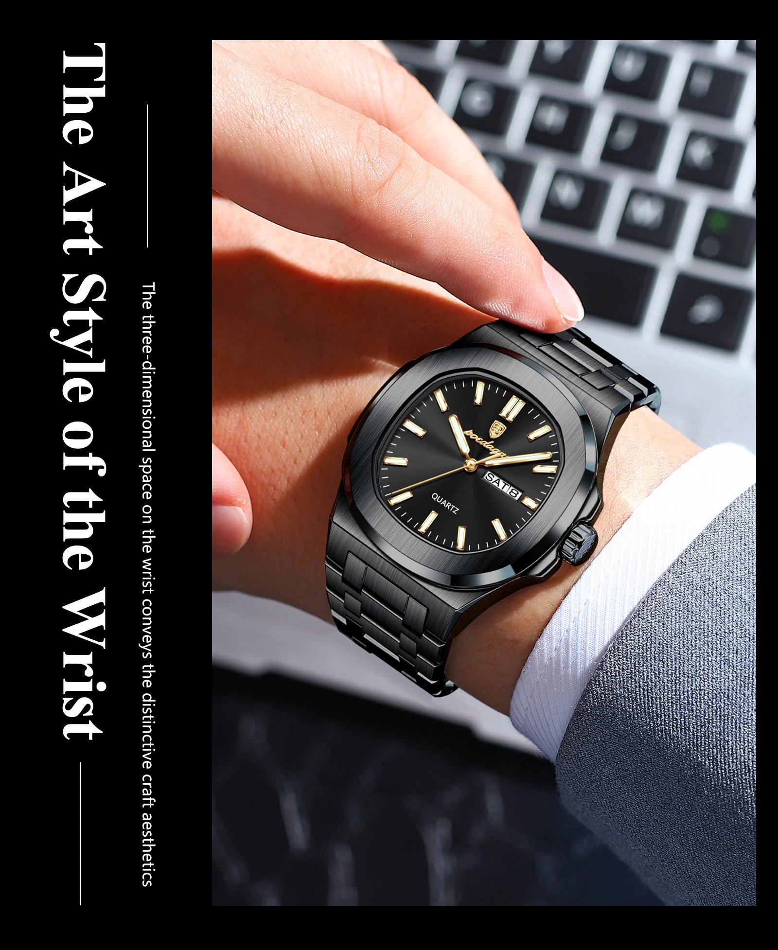 POEDAGAR, relojes cuadrados de lujo para hombre, Reloj luminoso resistente al agua con fecha y semana para hombre, Reloj de pulsera de cuarzo a la moda de acero inoxidable para hombre