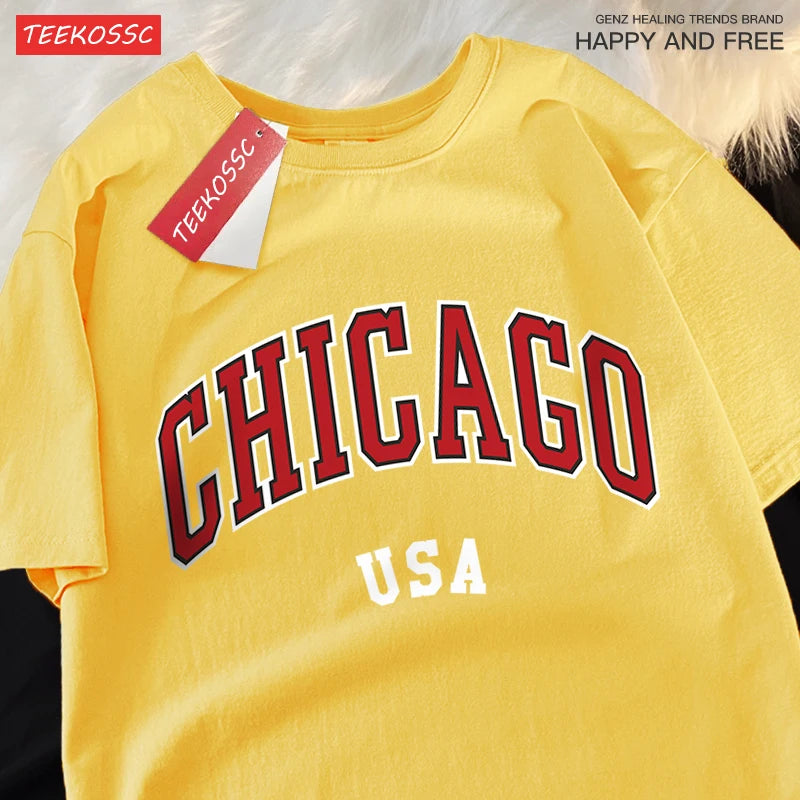 Camiseta gráfica de ciudad clásica de Chicago Usa para hombre, camisetas de calle con cuello redondo, ropa, camiseta informal de algodón de manga corta para pareja